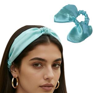 New Bow Headband Hair Ponytail Set Aqua Blue Satin Women’s & Girl